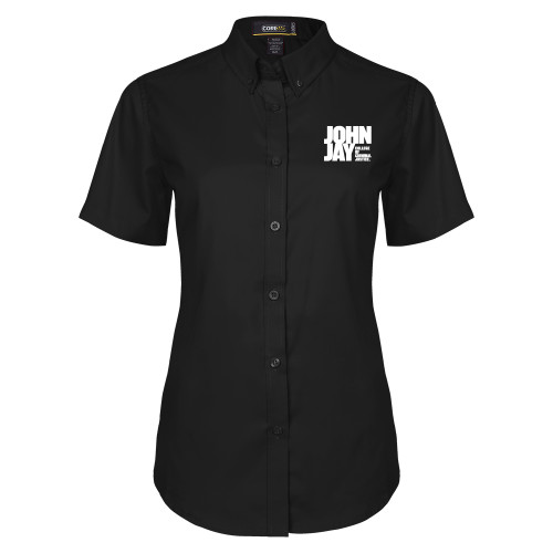 Womens Black Twill Button Up Short Sleeve-John Jay College of Criminal Justice Primary Mark