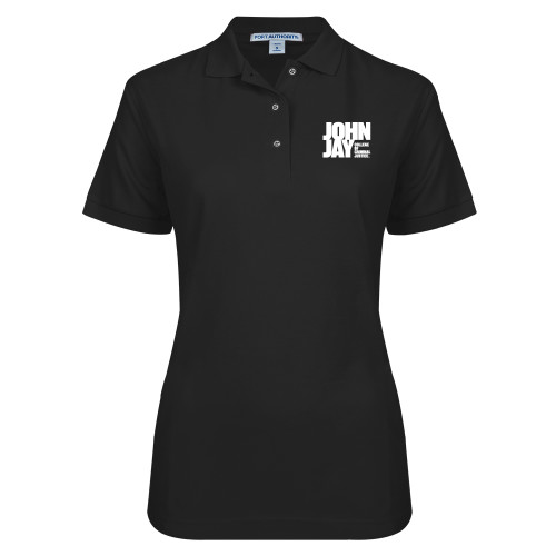 Womens Silk Touch Black Pique Polo-John Jay College of Criminal Justice Primary Mark