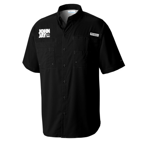 Columbia Black Tamiami Performance Short Sleeve Shirt-John Jay College of Criminal Justice Primary Mark
