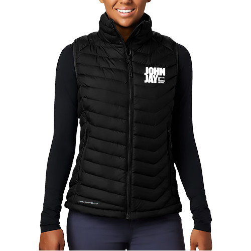 Columbia Womens Black Powder Lite Vest-John Jay College of Criminal Justice Primary Mark
