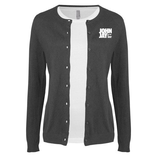 Womens Charcoal Cardigan Sweater-John Jay College of Criminal Justice Primary Mark