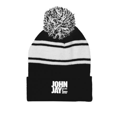 Black/White Two Tone Knit Pom Beanie w/Cuff-John Jay College of Criminal Justice Primary Mark