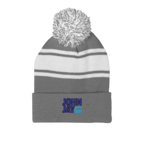 Grey/White Two Tone Knit Pom Beanie w/Cuff-John Jay College of Criminal Justice Primary Mark