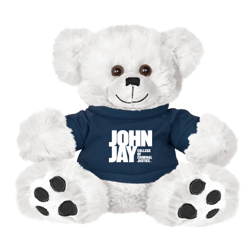 Plush Big Paw 8 1/2 inch White Bear w/Navy Shirt-John Jay College of Criminal Justice Primary Mark