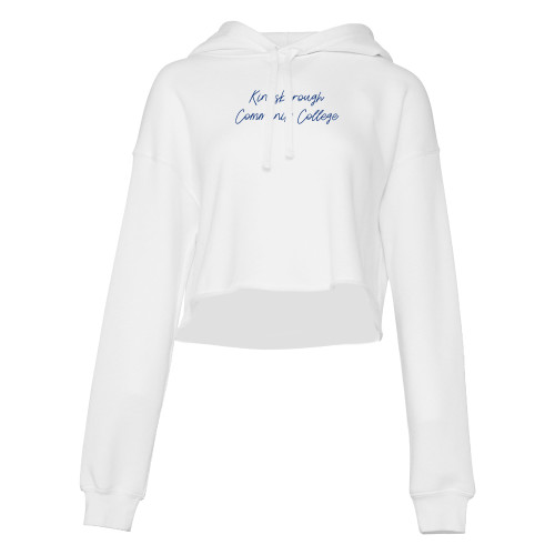 Bella + Canvas Womens White Cropped Fleece Hood-Kingsborough CC Script