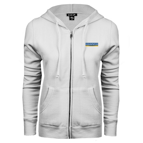 Community College ENZA Womens White Fleece Full Zip Hoodie-Official Logo