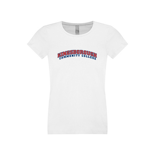 Community College Next Level Girls White Fashion Fit T Shirt-Arched Kingsborough