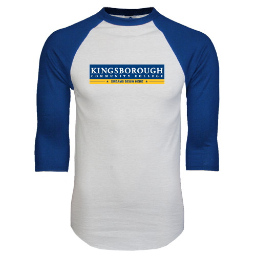 Community College White/Royal Raglan Baseball T Shirt-Official Logo