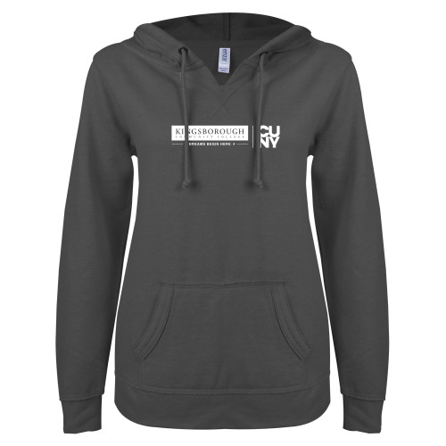 ENZA Womens Dark Heather V Notch Raw Edge Fleece Hoodie-CUNY Kingsborough
