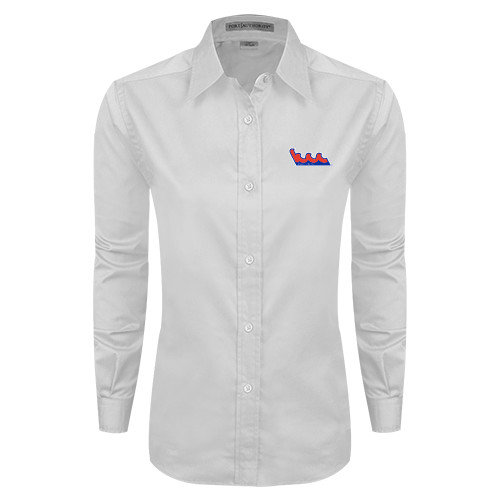 Community College Womens White Twill Button Down Long Sleeve-The Wave