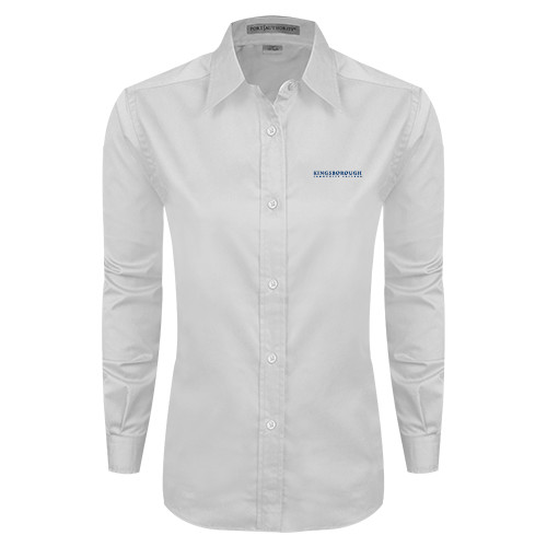 Community College Womens White Twill Button Down Long Sleeve-Wordmark