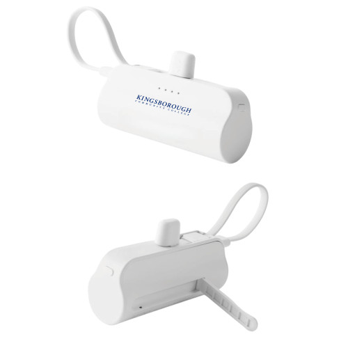 Sidekick White 4500 mAh Power Bank-Kingsborough CC Wordmark