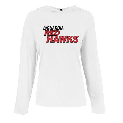 Womens White Long Sleeve Hooded Tee-LaGuardia Red Hawks Wordmark