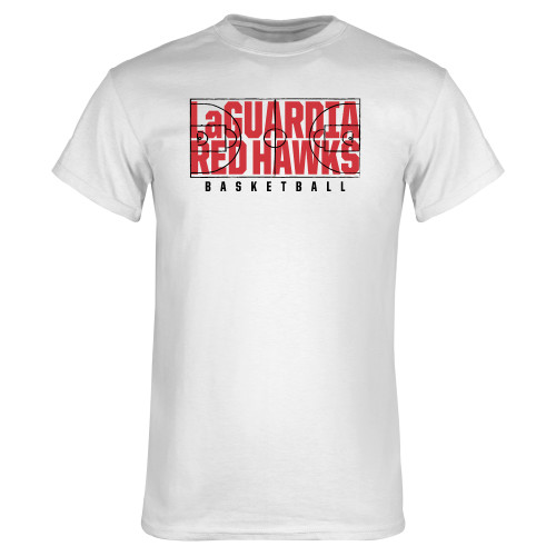 White T Shirt-LaGuardia Red Hawks Basketball Design