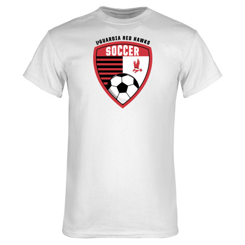 White T Shirt-LaGuardia Red Hawks Soccer Design