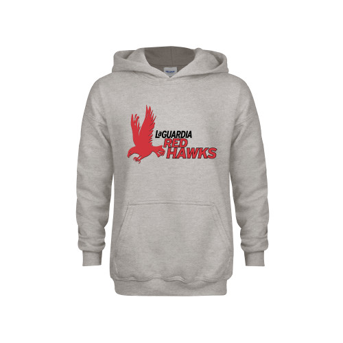 Youth Grey Fleece Hood-LaGuardia CC Red Hawk Lockup with Wordmark