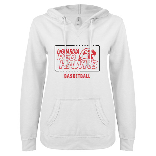 ENZA Womens White V Notch Raw Edge Fleece Hoodie-LaGuardia Red Hawks Basketball