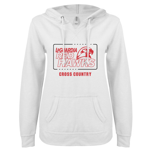 ENZA Womens White V Notch Raw Edge Fleece Hoodie-LaGuardia Red Hawks Cross Country