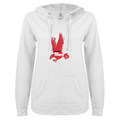 ENZA Womens White V Notch Raw Edge Fleece Hoodie-LaGuardia CC Red Hawk Logo