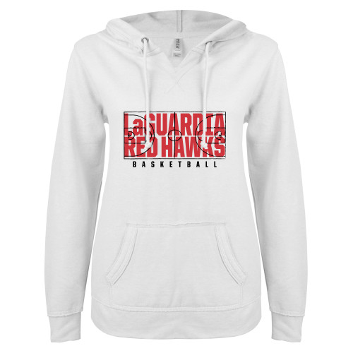 ENZA Womens White V Notch Raw Edge Fleece Hoodie-LaGuardia Red Hawks Basketball Design
