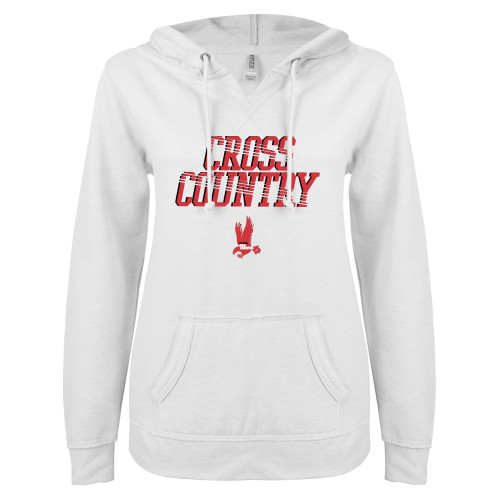 ENZA Womens White V Notch Raw Edge Fleece Hoodie-LaGuardia Red Hawks Cross Country Design