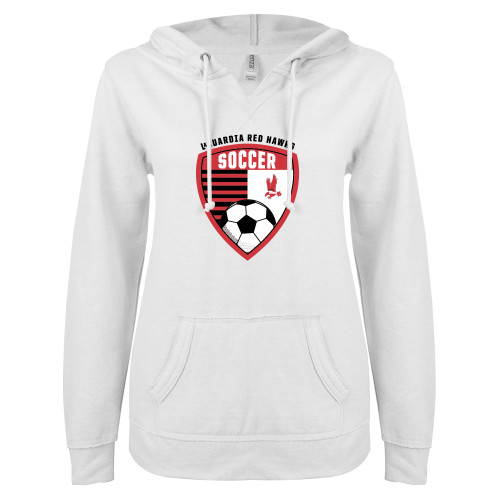 ENZA Womens White V Notch Raw Edge Fleece Hoodie-LaGuardia Red Hawks Soccer Design