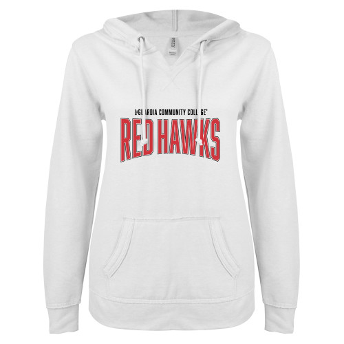 ENZA Womens White V Notch Raw Edge Fleece Hoodie-LaGuardia Community College Red Hawks with Outline