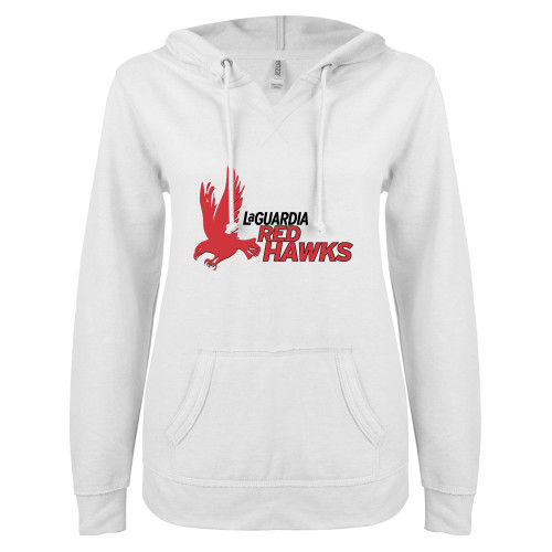 ENZA Womens White V Notch Raw Edge Fleece Hoodie-LaGuardia CC Red Hawk Lockup with Wordmark
