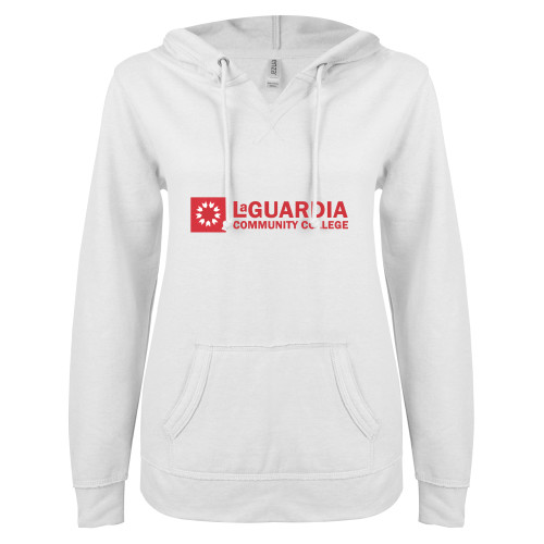 ENZA Womens White V Notch Raw Edge Fleece Hoodie-LaGuardia CC Flat Wordmark