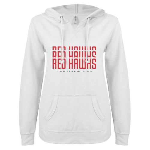 ENZA Womens White V Notch Raw Edge Fleece Hoodie-LaGuardia CC Red Hawks Repeat Design