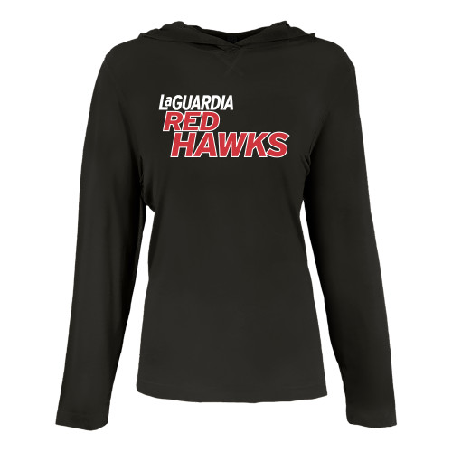 Womens Black Long Sleeve Hooded Tee-LaGuardia Red Hawks Wordmark