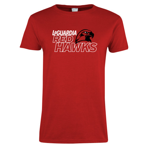 Womens Red Short Sleeve Tee-LaGuardia CC Red Hawks with Mascot Head