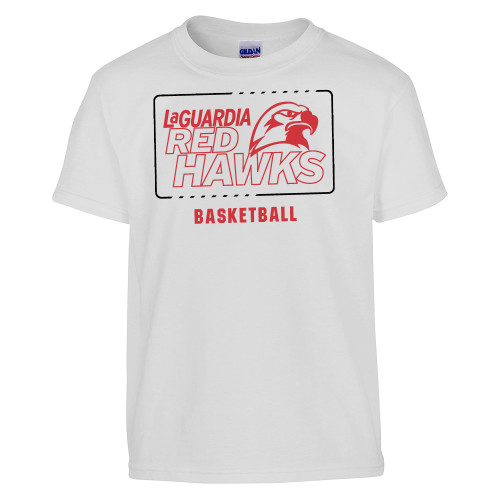 Youth White T Shirt-LaGuardia Red Hawks Basketball