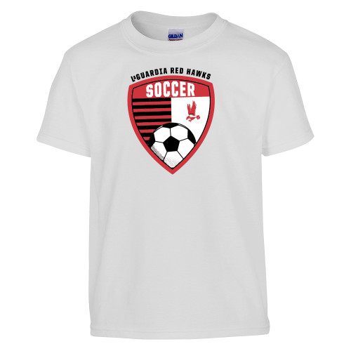 Youth White T Shirt-LaGuardia Red Hawks Soccer Design