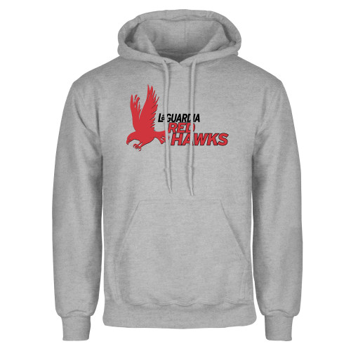 Grey Fleece Hoodie-LaGuardia CC Red Hawk Lockup with Wordmark