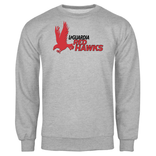 Grey Fleece Crew-LaGuardia CC Red Hawk Lockup with Wordmark