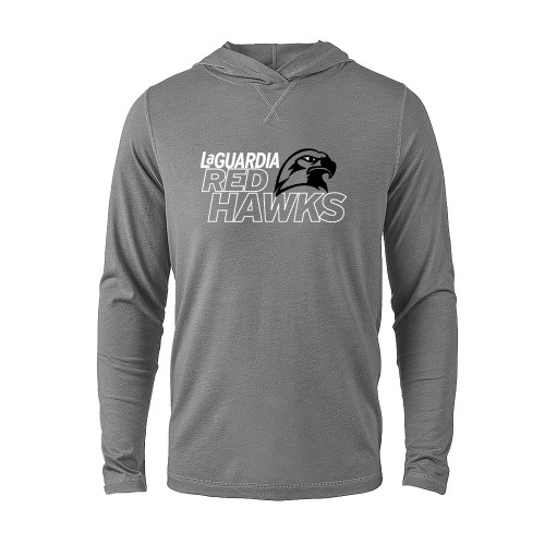 Grey Heather Long Sleeve Hooded Tee-LaGuardia CC Red Hawks with Mascot Head