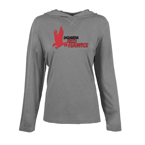 Womens Grey Heather Long Sleeve Hooded Tee-LaGuardia CC Red Hawk Lockup with Wordmark