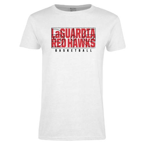 Womens White Short Sleeve Tee-LaGuardia Red Hawks Basketball Design