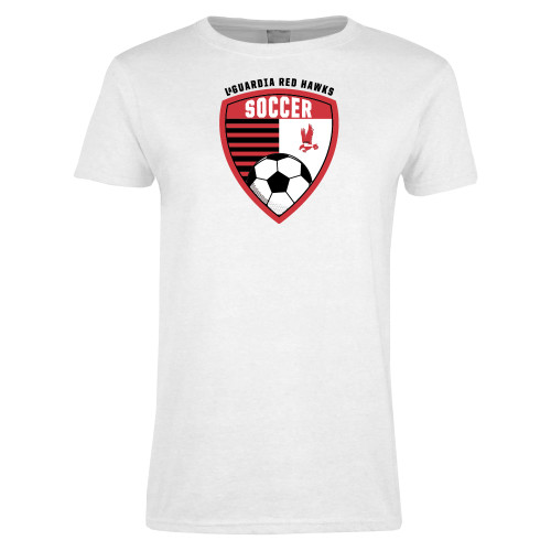 Womens White Short Sleeve Tee-LaGuardia Red Hawks Soccer Design