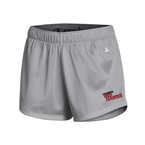 Champion Womens Grey Mesh Short-LaGuardia Red Hawks Wordmark
