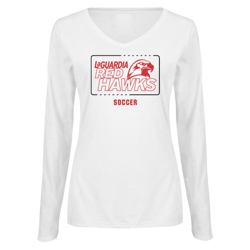 Womens White Long Sleeve V Neck Tee -LaGuardia Red Hawks Soccer