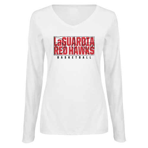 Womens White Long Sleeve V Neck Tee -LaGuardia Red Hawks Basketball Design