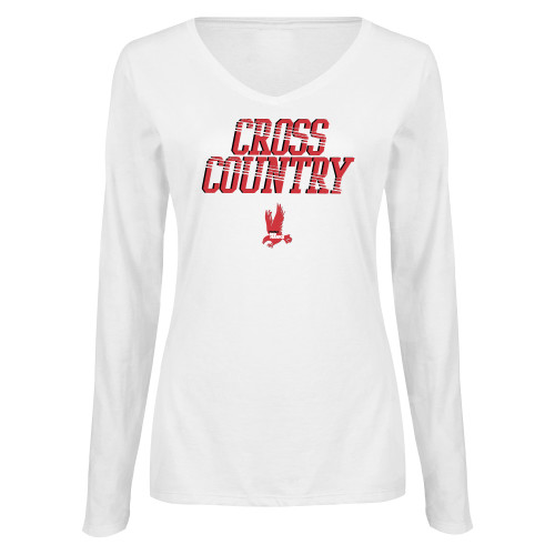 Womens White Long Sleeve V Neck Tee -LaGuardia Red Hawks Cross Country Design