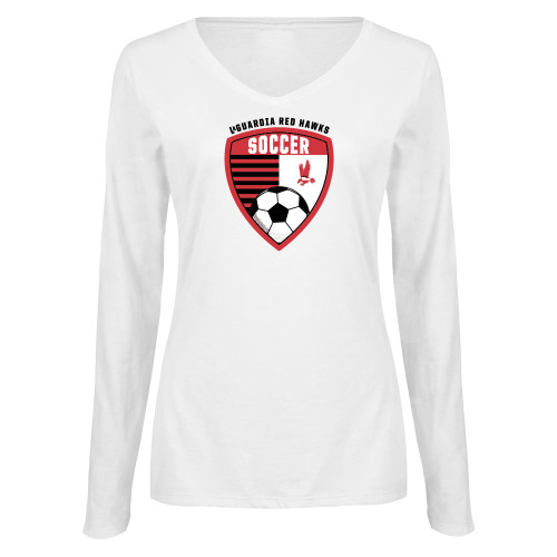 Womens White Long Sleeve V Neck Tee -LaGuardia Red Hawks Soccer Design