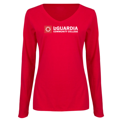 Womens Red Long Sleeve V Neck Tee-LaGuardia CC Flat Wordmark
