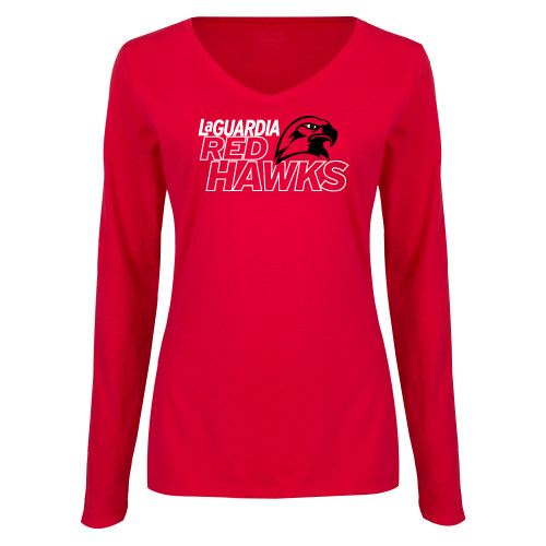 Womens Red Long Sleeve V Neck Tee-LaGuardia CC Red Hawks with Mascot Head
