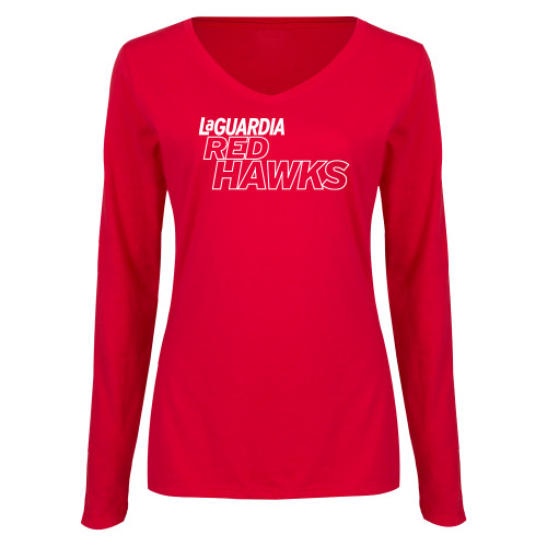 Womens Red Long Sleeve V Neck Tee-LaGuardia Red Hawks Wordmark