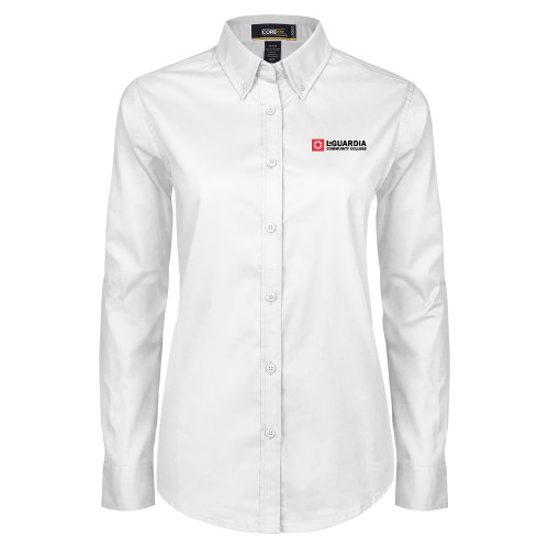 Womens White Twill Button Down Long Sleeve-LaGuardia CC Flat Wordmark