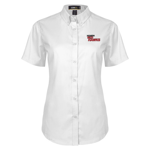 Womens White Twill Button Up Short Sleeve-LaGuardia Red Hawks Wordmark